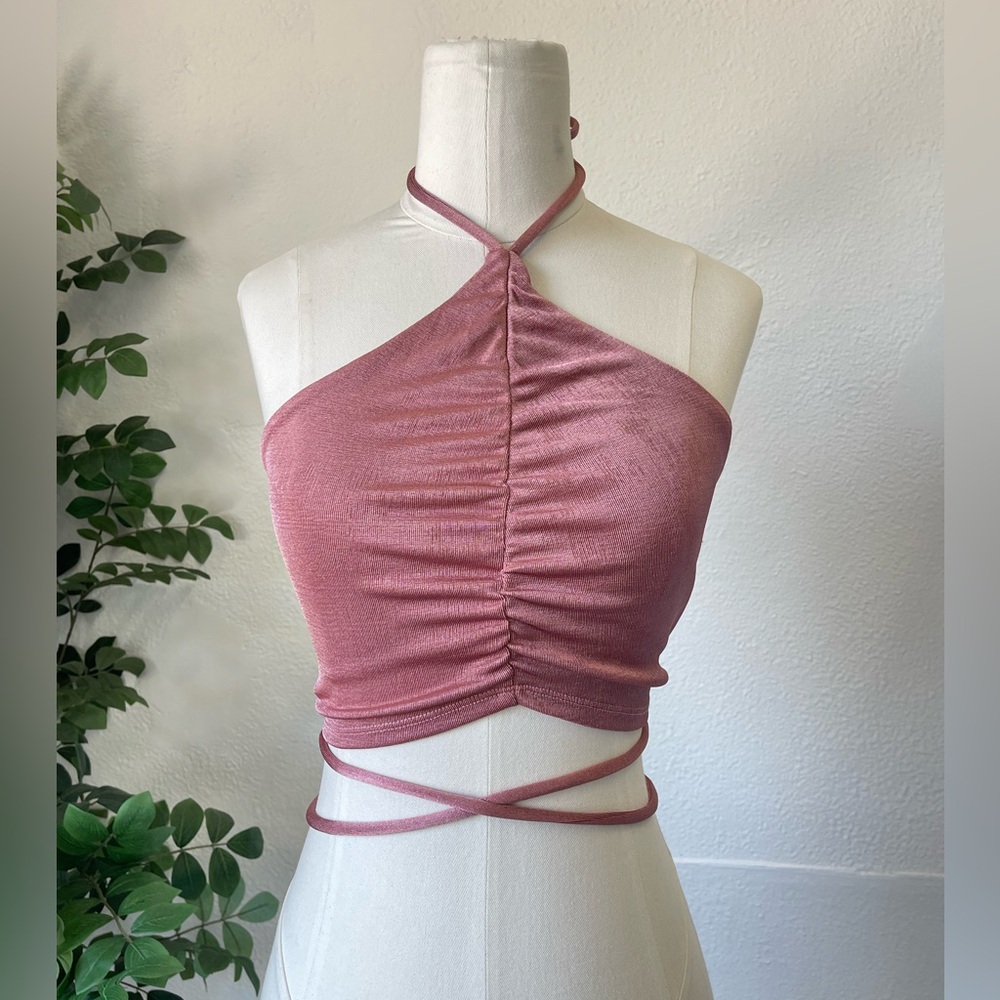 Pink Halter Top with Ruched Detail and Waist Tie